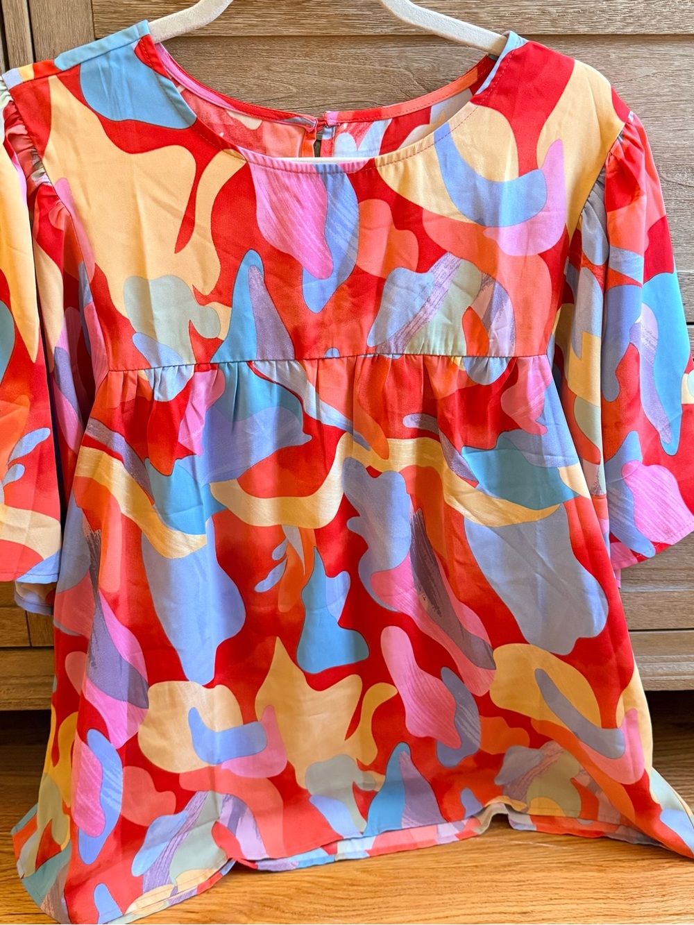 SHEIN Multicolor Abstract Print Peasant Blouse - Red, Pink, Blue, Yellow